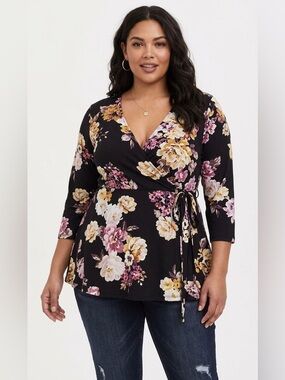 Torrid Black Floral Wrap Top Size 00X Plus Size Studio Knit Faux Wrap